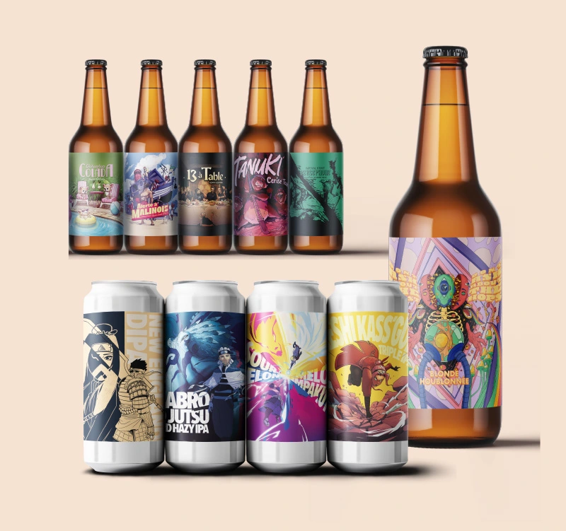 Bouteilles de bière avec des étiquettes illustrées originales