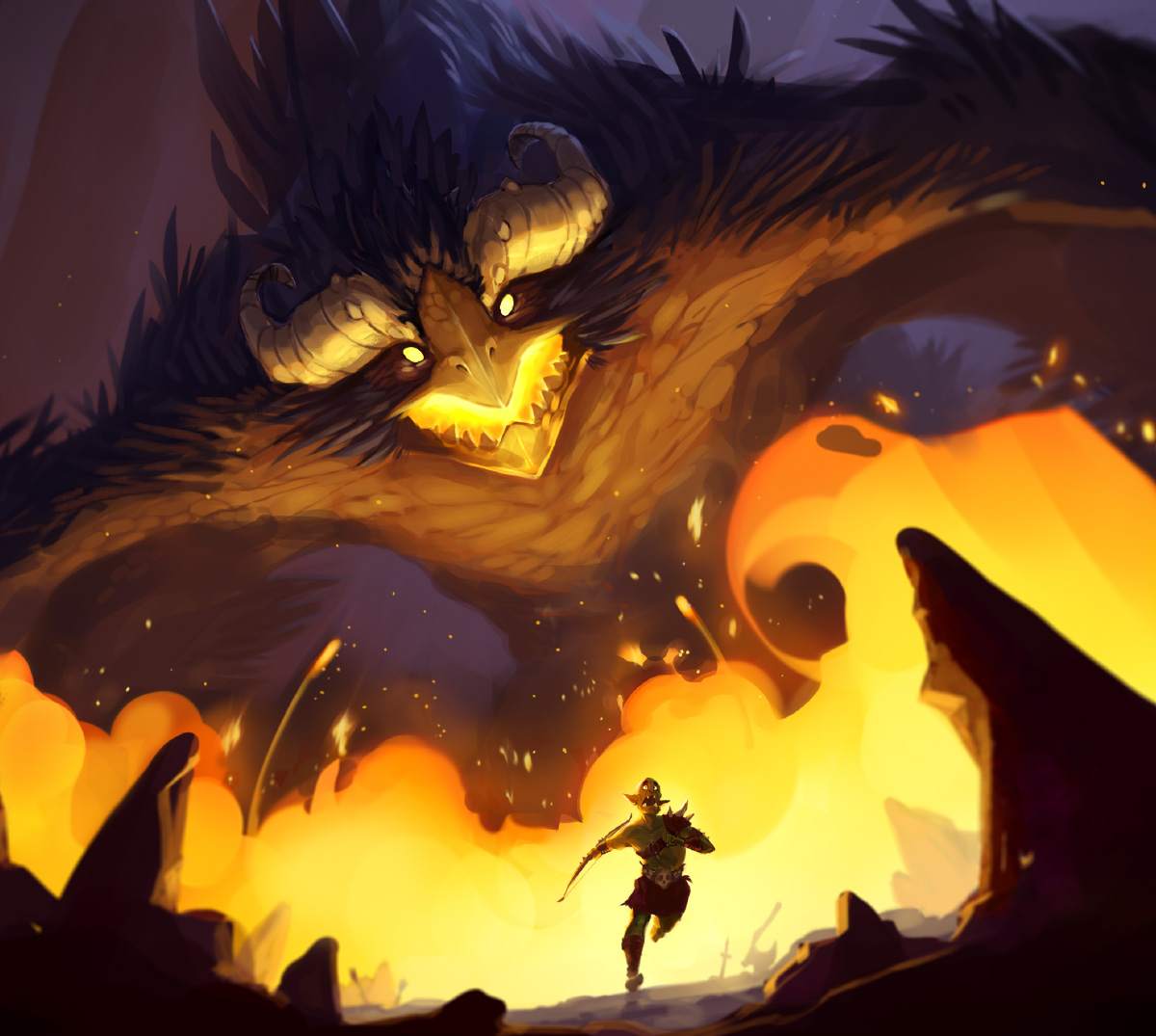Concept-art illustrant un dragon poursuivant un orc