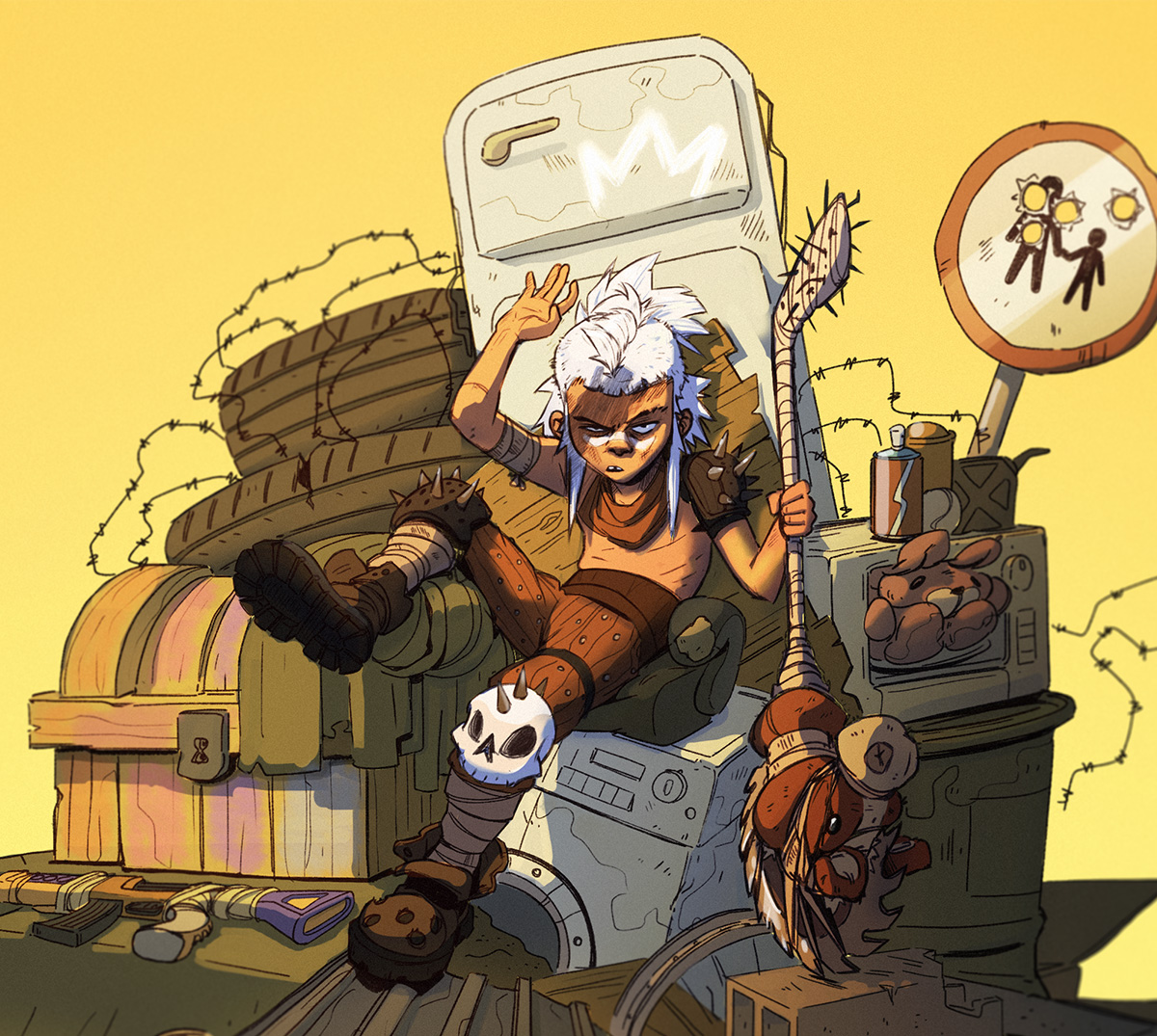 Illustration d'un enfant survivant post apocalyptique sur un trône enfantin