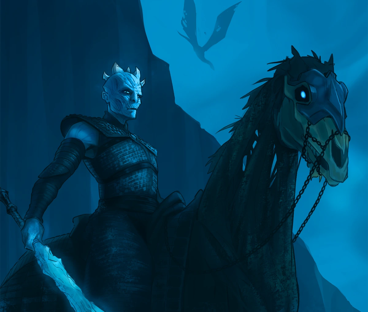 Fan-art du Night King de Game of Throne sur un cheval squelette