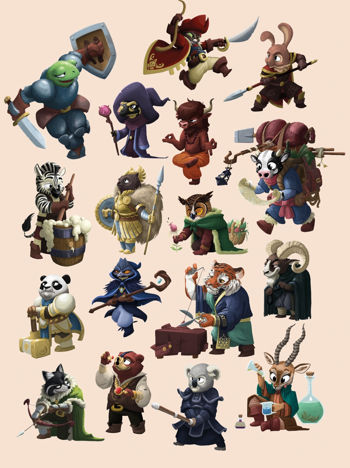 Une planche de character design d'animaux communs avec des attributs fantastiques